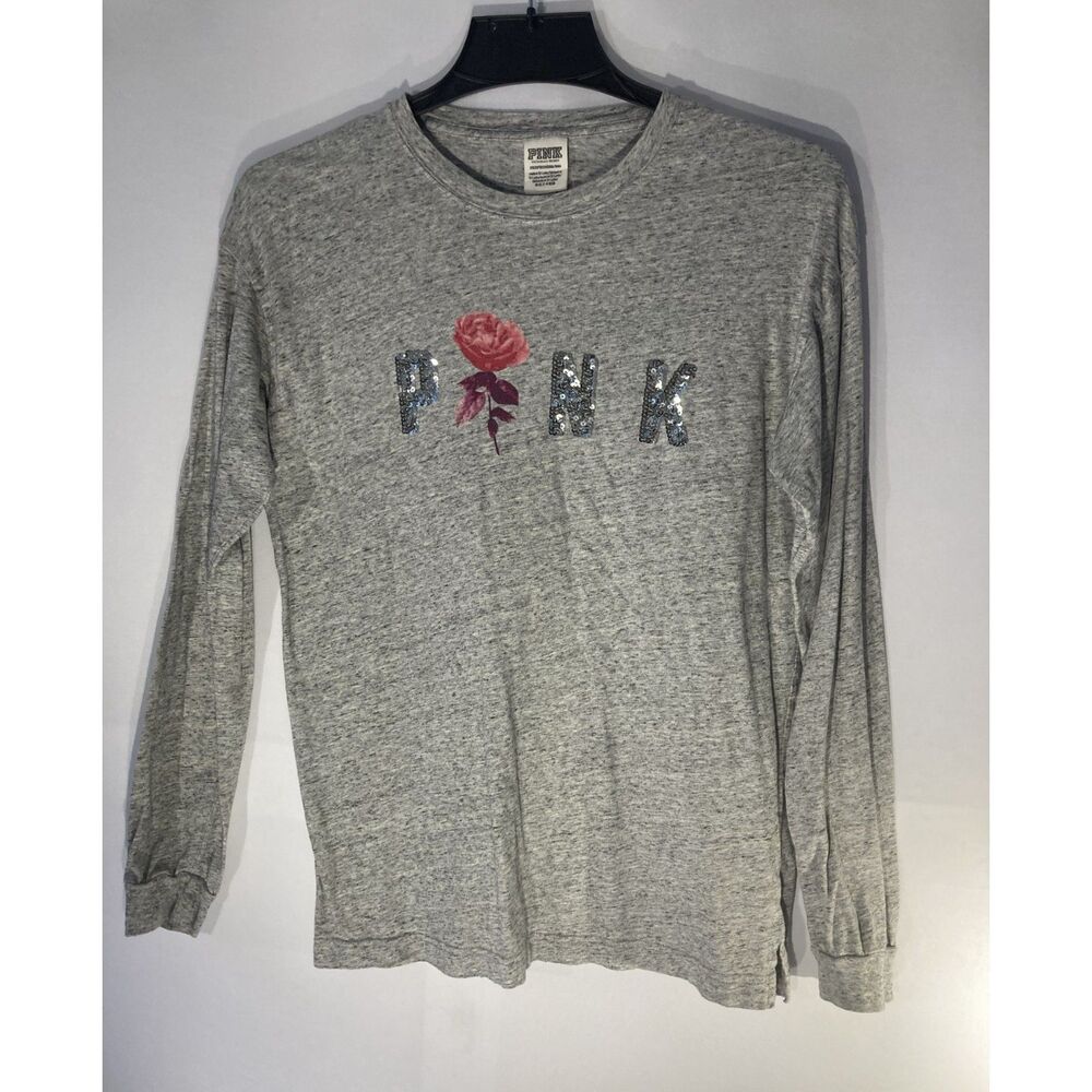 Victoria's Secret PINK Bling Rose Sequin Campus Long Sleeve Tee Heather Gray XS